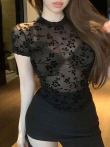 Camiseta de manga corta para mujer de ajuste ceñido, de cuello redondo y unicolor para el verano - Negro 2 - Ver 6