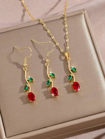  3pcs Copper Leaf & Flower Necklace Earrings Jewelry Set, Suitable For Women's Daily Wear, Gold Necklace, High Quality 18K Gold Necklace, Red & Green Cubic Zirconia Accents, Women's Jewelry, Valentine's/Birthday/Christmas Gift, Summer Shiny Accessory
