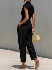 Vestido primavera mujer cuello alto liso con mangas voladoras elegante estilo europeo de moda - Negro - Ver 5