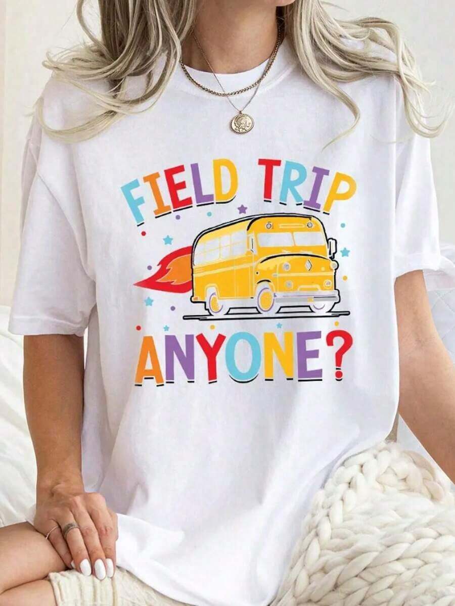 1 "Field Trip Anyone" T-Shirt, School Trip T-Shirt, "Teacher Magic School Bus" T-Shirt, Field Day T-Shirt, "Seatbelts Everyone" T-Shirt, "Frizzle" T-Shirt, Teacher T-Shirt, Oversized Graphic Tees For Women, 100% Cotton, Crew Neck, Short Sleeve, Casual Tops, 180g, 100% Cotton, All Designs Are Printed. Unisex. - white002 - 查看 1