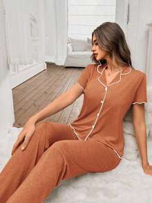 Mono de verano de punto ligero y suelto con volantes, de tela roja, de estilo casual y holgado para mujer - Teja - Ver 7