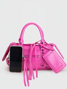 1 pieza Charm para bolso pequeño de material PU retro con cremallera, borlas de metal incrustadas con remaches, diseño de empalme en rosa fucsia, banda con bucle, estilo dulce y cool, biker bag, Y2K punk, bolso cuadrado - Rosa Fucsia - Ver 8