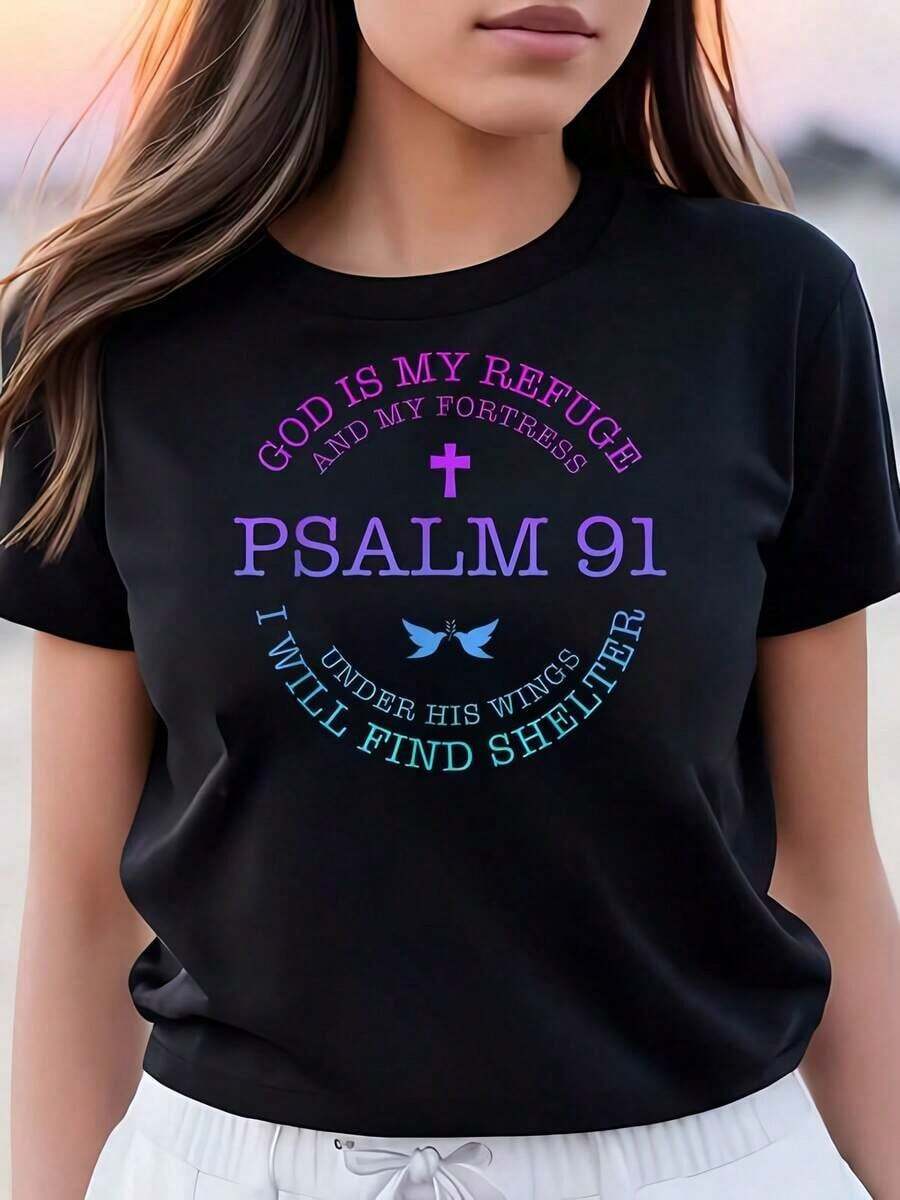 1 camiseta negra de mujer con estampado del Salmo 91, cuello redondo, camiseta casual de algodón, tejido de punto de elasticidad media, corte regular, adecuada para que las mujeres la usen en primavera/verano/otoño.