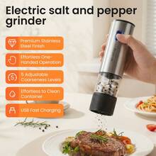 Feizsmile 2件套可充电胡椒盐研磨器礼盒装，自动胡椒研磨器，香料研磨器，USB充电，粗细可调，单手操作，陶瓷研磨，可填充，不锈钢外壳，家用厨房烧烤电动盐胡椒研磨器，送给家人、朋友、母亲节的理想礼物 - 彩色 - 查看 6