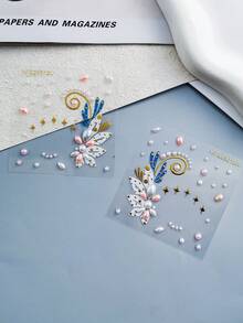 1pc Rhinestone Eye Jewel Sticker - Half Eye Pink & Blue Floral Rhinestone Sticker, Self-Adhesive Face Gems, Suitable For Eye Makeup, Music Festivals, Parties And Outings, Convenient Reusable Decoration To Enhance Eye Makeup,Rhinestone Face Sticker - Multicolor - View 9