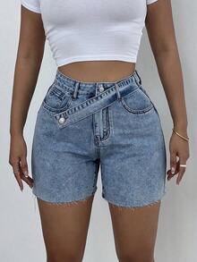 Women Simple And Fashionable Casual High Waisted Denim Shorts, Suitable For Summer, St Patrick Day / Saint Patrick, Rave Festival /Country Concert / Nashville / Ibiza Holiday Shorts - Azul - Ver 5