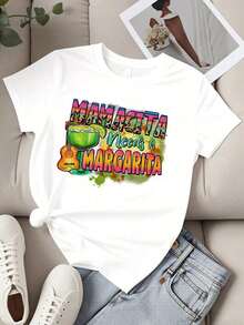 Camiseta de Cuello Redondo para Mujer con Estampado de "Mamacita Needs A Margarita" con Cóctel y Guitarra, Manga Corta, Casual, para Fiestas de Verano - Blanco - Ver 2