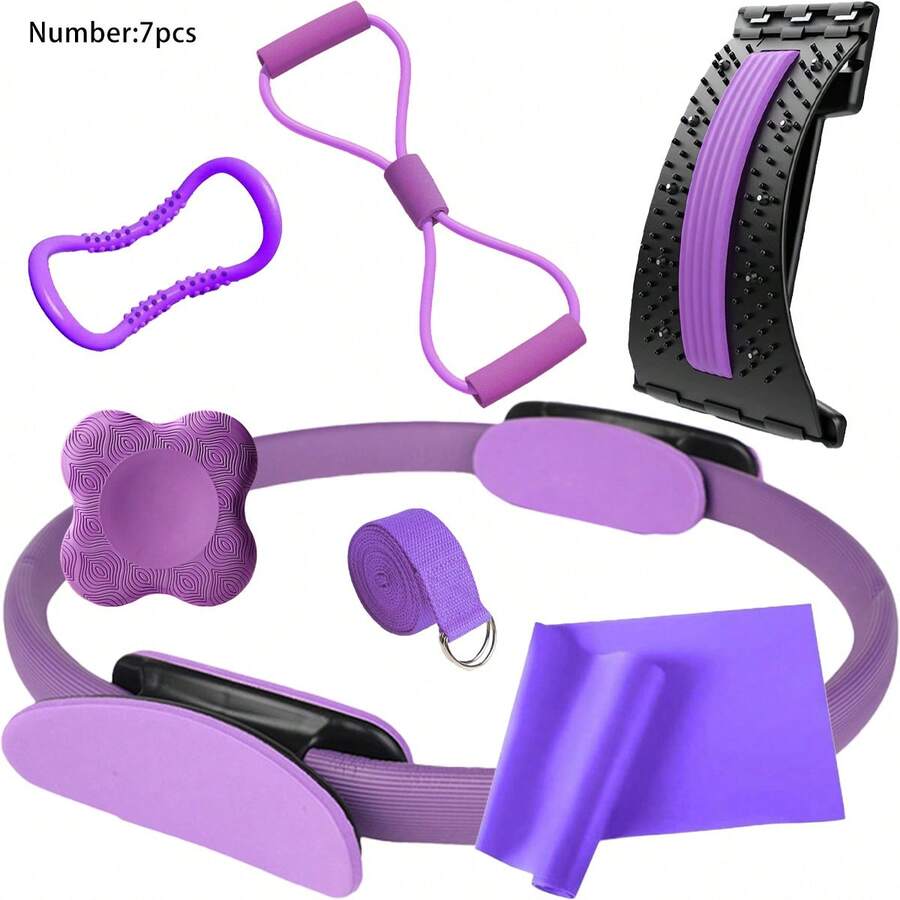 7pcs Multifunctional Home Fitness Yoga Set, Figure-8 Resistance Band, Stretching Yoga Ring, Slimming Resistance Band, Yoga Stretch Band, Support Pad, Body Shaping Fitness Equipment, Complete Home Pilates Training Sports Gear
