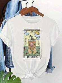 Camiseta Vintage Holgada para Mujer con Estampado de Letras, Estilo Casual Diario, Camiseta de Mujer con Estampado de Cartas de Tarot de Café, Camiseta Blanca de Manga Corta con Cuello Redondo, Adecuada para Primavera, Verano y Otoño, Estilo Casual, Ajuste Cómodo, Diseño Moderno, Versátil para Uso Diario, Suave, con Estilo. , Comfortable, Versatile Basic StyleOversize Camiseta Mujer Estampado 100% Algodón Puro - Blanco - Ver 1