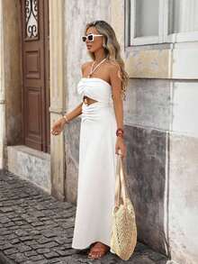 Vestido de gasa con estampado para primavera y verano con cuello de halter para mujeres - Blanco - Ver 4