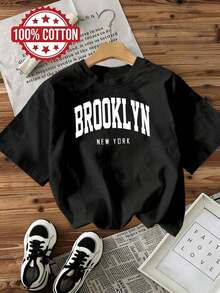 Women's Casual Short-Sleeved Crew Neck T-Shirt With A Relaxed Fit, Pullover Style. Made From 100% Cotton, It's Comfortable, Breathable, Machine Washable, And Easy To Care For. It Features A Simple Yet Stylish "Brooklyn New York" Print. This New Summer 2026 Blouse Is Perfect For Travel And Everyday Wear, And Is Designed Specifically For Women. Y2Y-Summer Clothing - 黑色 - 查看 7