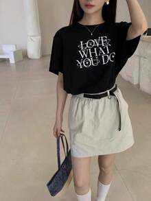 Camiseta de manga corta de estilo coreano, casual, holgada y de verano, con estampado de letras sencillas. - Amor negro, lo que haces - Ver 2