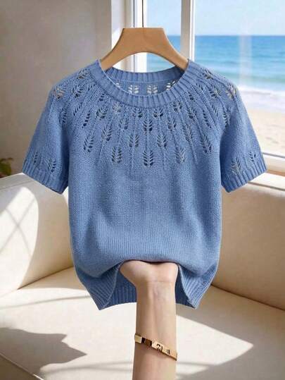 Top tricoté unicolore ajouré pour femmes, t-shirt élégant et décontracté à col rond et manches courtes, convient pour le bureau, le port quotidien, la maison, les voyages, la plage en été et au printemps