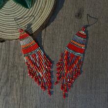 AHAYA Handmade Geometric Long Tube Bead Earrings, Fashion Tassel Drop Earrings With Glass Beads, Versatile Beaded Earrings Suitable For Daily Wear And Vacation - Red - View 4