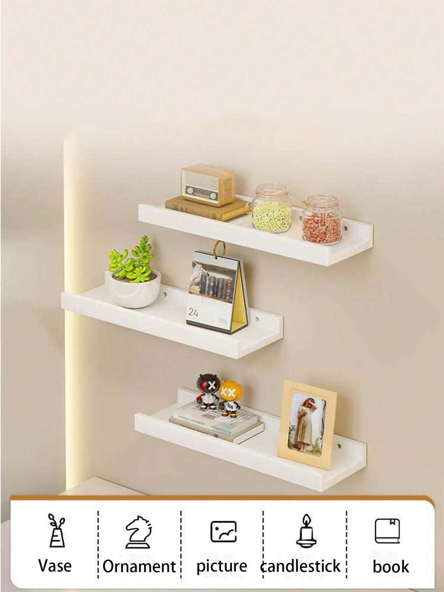 1 pieza Estantería de pared práctica, estantería decorativa de almacenamiento montada en la pared, estantería colgante de pared para TV, estantería de tablero de una sola pieza, estantería de pared para sala de estar, dormitorio, mesita de noche - Ver 1
