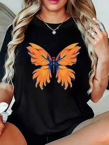 Talla Grande - Camiseta Negra de Cuello Redondo para Mujer con Estampado de Mariposas y Luciérnagas - Tejido Suave y Elástico, Estilo Casual Cómodo, Lavable a Máquina, Top de Primavera/Verano, Material Elástico, Camiseta de Talla Grande para Mujer, Camisa de Talla Grande para Mujer, Camiseta de Talla Grande para Mujer, Top para Uso Diario, Moda de Primavera, Estampado Geométrico, Camiseta Ligera, Material Transpirable, Camiseta Estampada, Camiseta a la Moda, Ropa Elegante, Guardarropa de Verano. - Negro - Ver 1