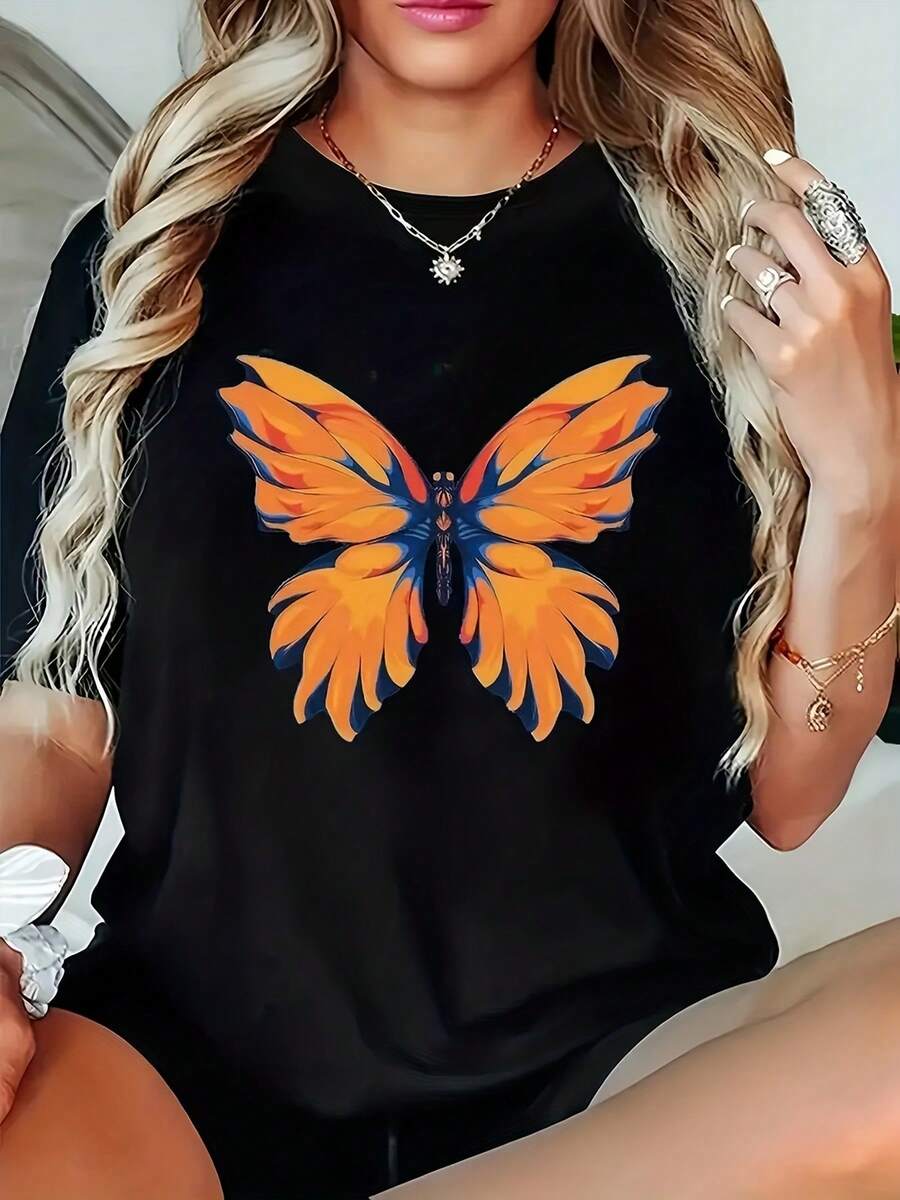Talla Grande - Camiseta Negra de Cuello Redondo para Mujer con Estampado de Mariposas y Luciérnagas - Tejido Suave y Elástico, Estilo Casual Cómodo, Lavable a Máquina, Top de Primavera/Verano, Material Elástico, Camiseta de Talla Grande para Mujer, Camisa de Talla Grande para Mujer, Camiseta de Talla Grande para Mujer, Top para Uso Diario, Moda de Primavera, Estampado Geométrico, Camiseta Ligera, Material Transpirable, Camiseta Estampada, Camiseta a la Moda, Ropa Elegante, Guardarropa de Verano. - Negro - Ver 1
