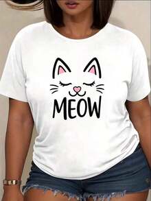 Women's Clothing: A Must-Have For Cat Lovers - Featuring A Vibrant "Meow" Motif And Adorable Feline Graphics, This Tee Is Perfect For Streetwear. The Short Sleeves Make It Ideal For Year-Round Wear. It's A Crew Neck Graphic Tee, A Women's Shirt. - 白色 - 查看 1
