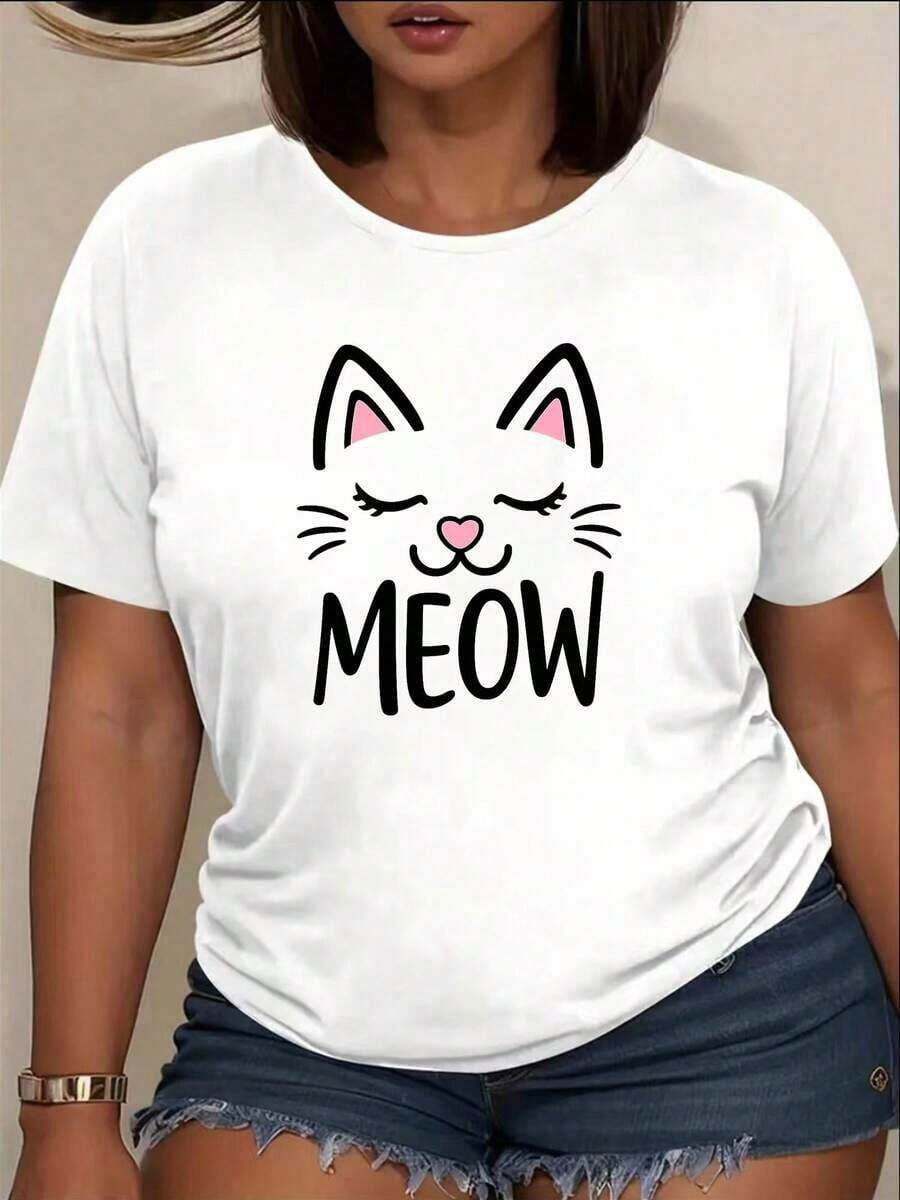 Women's Clothing: A Must-Have For Cat Lovers - Featuring A Vibrant "Meow" Motif And Adorable Feline Graphics, This Tee Is Perfect For Streetwear. The Short Sleeves Make It Ideal For Year-Round Wear. It's A Crew Neck Graphic Tee, A Women's Shirt. - 白色 - 查看 1