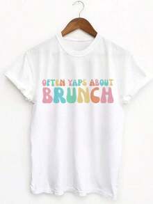 Soft And Comfortable Korean Style T-Shirt, Women's Summer Casual Clothing In Macaron Style With Colorful Round Letters, Printed With "OFTEN YAPS ABOUT BRUNCH" On The Round Neck, Made Of Pure Cotton, Short Sleeve T-Shirt - Unisex Loose Fit Cotton T-Shirt With Round Neck, 100% Breathable Cotton - 白色 - 查看 3