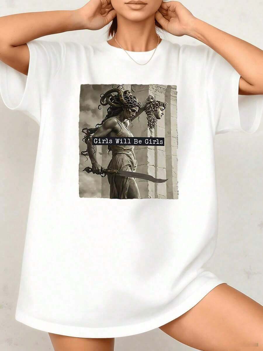 Camiseta Casual Vintage para Mujer, Estilo Urbano, UniVintage Medusa, 220g, Mitología Griega, 100% Algodón, 1 Pieza, Camiseta con Estampado Gráfico Atrevido, 100% Algodón Transpirable - Blanco - Ver 1