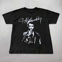 Soft And Comfortable Korean Style T-Shirt, Casual Wear, Black T-Shirt With "Jeff Buckley" Portrait And Signature Graphic, Comfortable And Casual Short Sleeve, Printed Cotton T-Shirt, 220 Grams, 100% Breathable Cotton - 黑色 - 查看 7
