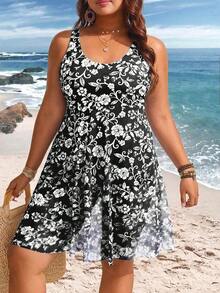 Traje de baño de una pieza con estampado retro y tirantes de malla de contraste para mujer de talla grande - Negro - Ver 4