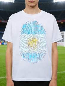 Camiseta de la Copa Mundial  2026 con Patrón de Huellas Dactilares de la Bandera de Argentina, Camiseta Casual de Manga Corta para Fanáticos del Fútbol - Blanco - Ver 8