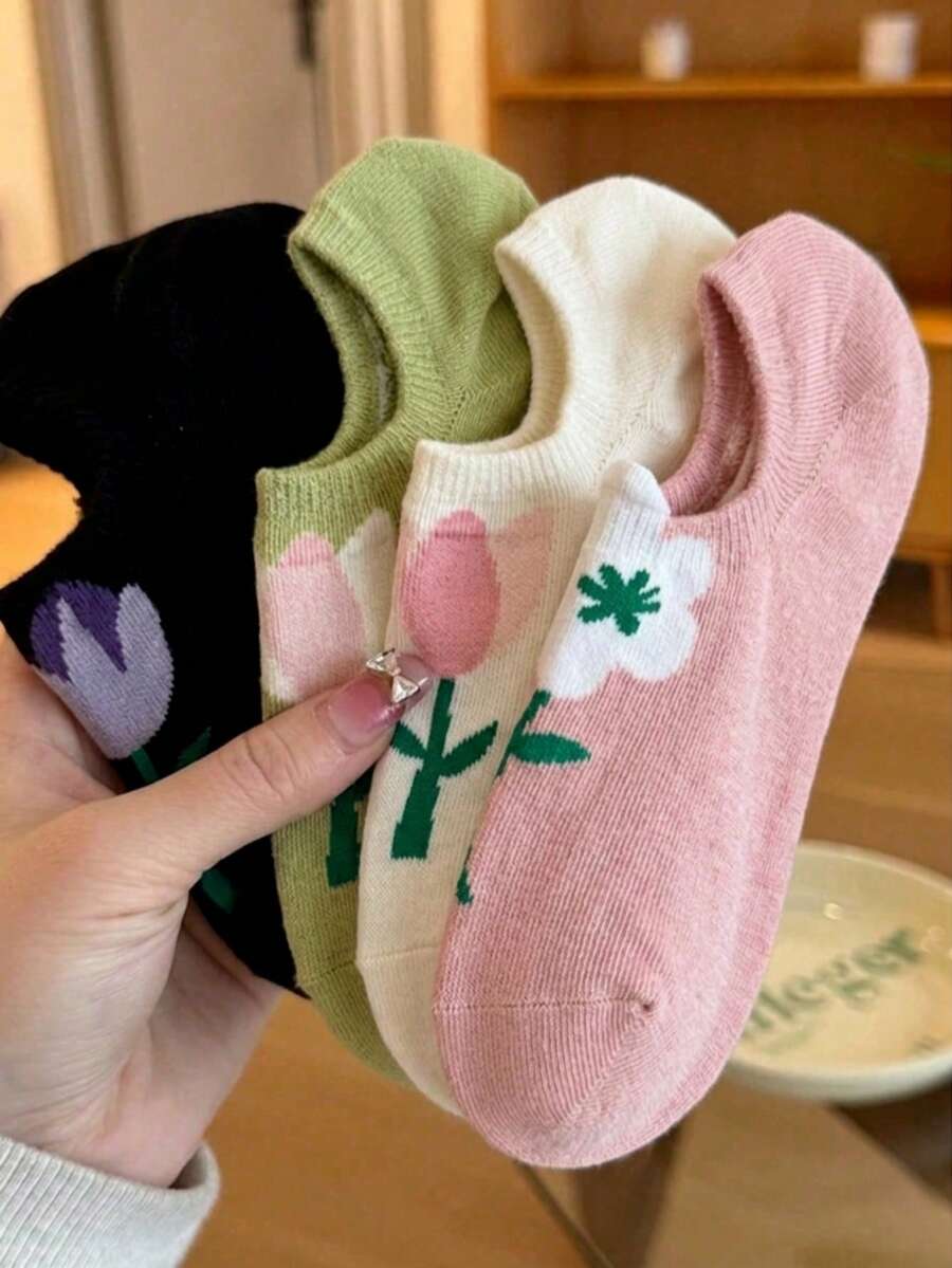 4 Pairs Women's Multicolor Tulip Pattern Breathable Knit Invisible Boat Socks, Versatile For Daily Wear, Commute, Party, Sports, School, Holiday Gift - Multicolor - View 1