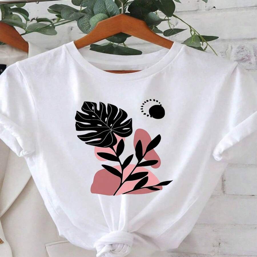 Plus Size Women's T-Shirt With Graphic Print Of Tortoiseshell Leaves And Branches And Geometric Patterns, Casual Short Sleeve Round Neck Top For Summer And Spring, Women's Clothing - 白色 - 查看 1