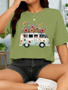 Camiseta vintage de manga corta para mujer - Floral Bus, con un diseño bohemio de una furgoneta camper sin frases, cuello redondo elástico, estilo casual, adecuada para primavera, verano y otoño, lavable a máquina, material transpirable, no transparente, corte holgado, estampado divertido, textura suave, imprescindible para las amantes de la moda. - Negro - Ver 10