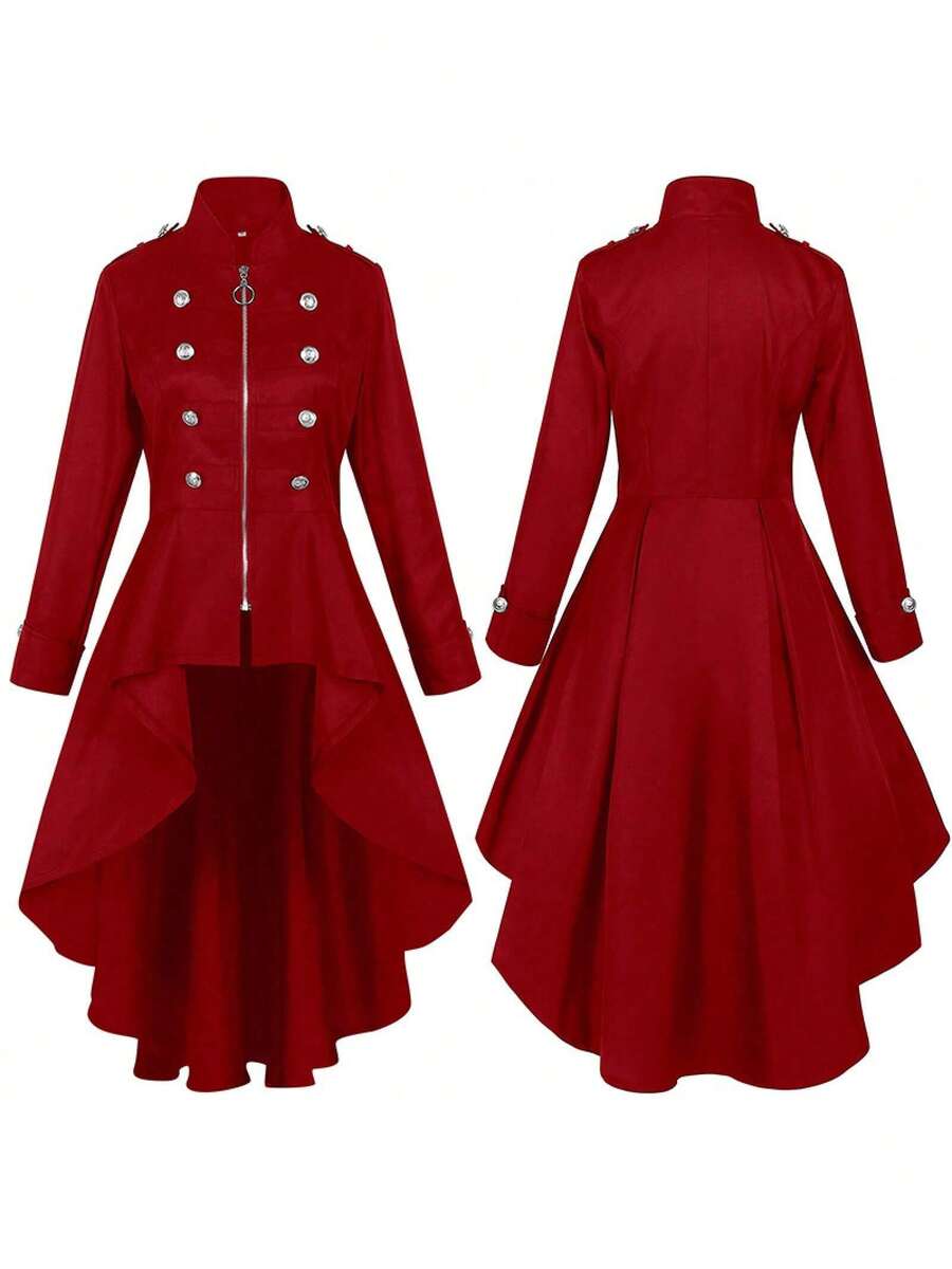 Halloween Retro Long Coat With Irregular Hem In Multiple Colors And Sizes - 230830 Zipper Trench Coat (Red) - View 1