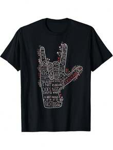 ASL I Love You Corinthians 13 Love Valentine Christian T-Shirt, Comfortable Graphic Print Tee, Suitable For All Seasons, Ideal For Everyday Outdoor Activities. A Short-Sleeved Tee Suitable For Home, Daily Wear, Parties, And Travel, Perfect As A Gift For Friends Or Family. - 黑色 - 查看 1
