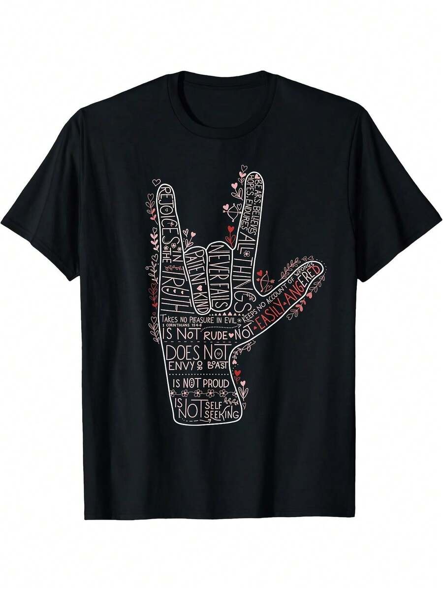 ASL I Love You Corinthians 13 Love Valentine Christian T-Shirt, Comfortable Graphic Print Tee, Suitable For All Seasons, Ideal For Everyday Outdoor Activities. A Short-Sleeved Tee Suitable For Home, Daily Wear, Parties, And Travel, Perfect As A Gift For Friends Or Family. - 黑色 - 查看 1