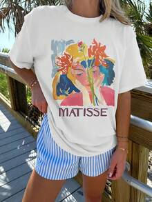 1 pieza de camiseta para mujer con estampado floral inspirado en Matisse - Diseño vibrante y colorido, ajuste cómodo e informal, lavable a máquina, top versátil para todas las estaciones para mujeres, regalo de cumpleaños y vacaciones, moda diaria, estilo Matisse, ajuste cómodo, camiseta Y2k. - Negro - Ver 10