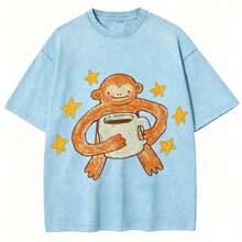Vintage Washed BlackT-Shirt, Cute Cartoon Monkey With Coffee Cup & Yellow Stars Print Tee,Retro Distressed Oversized Short Sleeve Casual StreetwearTop - 淺藍色 - 查看 6