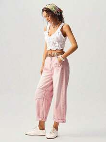BohoFeels Pantalones harem casuales de mezclilla tejida para vacaciones para mujeres - Rojo - Ver 3