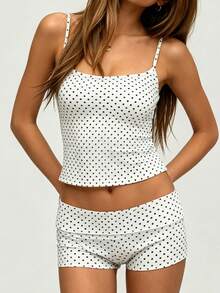 Conjunto de ropa de descanso de verano para mujer: top sin mangas con tirantes y shorts con cintura elástica. Pijama de dos piezas con estampado de rosas claras. - Blanco - Ver 6