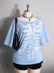 Colección verano 2026. Camiseta holgada mujer talla grande, estampado calavera y rosa gótico punk, estilo retro vanguardista. Tallas 3–7XL, apta otoño-invierno. Envío gratis 24h. - Azul - Ver 15