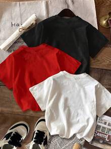 Ropa de verano para mujer: conjunto de una pieza de top corto ajustado de manga corta con cuello redondo y estampado inglés de estilo americano retro sencillo. - Negro - Ver 2