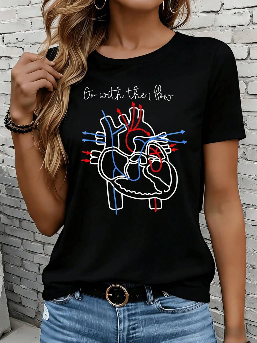 Women's Short-Sleeved T-Shirts In Black And White Are Suitable For Everyday Wear, Lounging At Home, And Outdoor Activities. Choose The Women's Heart-Shaped T-Shirt, Featuring A Medical Science Design, In White And Unisex, Ideal As A Gift For Parties Or Holidays. - 黑色 - 查看 1