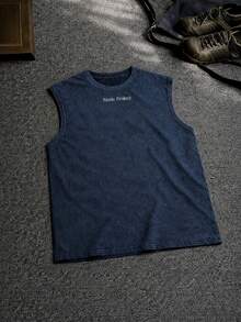INFLATION Distressed Print Washed Cotton Sleeveless Tank Top, Brand Vest For Men In Summer - Navy Blue - View 2