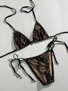Swim Vcay - Conjunto de Bikini Triangular Sexy con Ribete de Encaje para Mujer, 2 Piezas, Conjunto de Bikini Halter con Tiras Simples para Vacaciones de Verano en la Playa - Negro - Ver 1