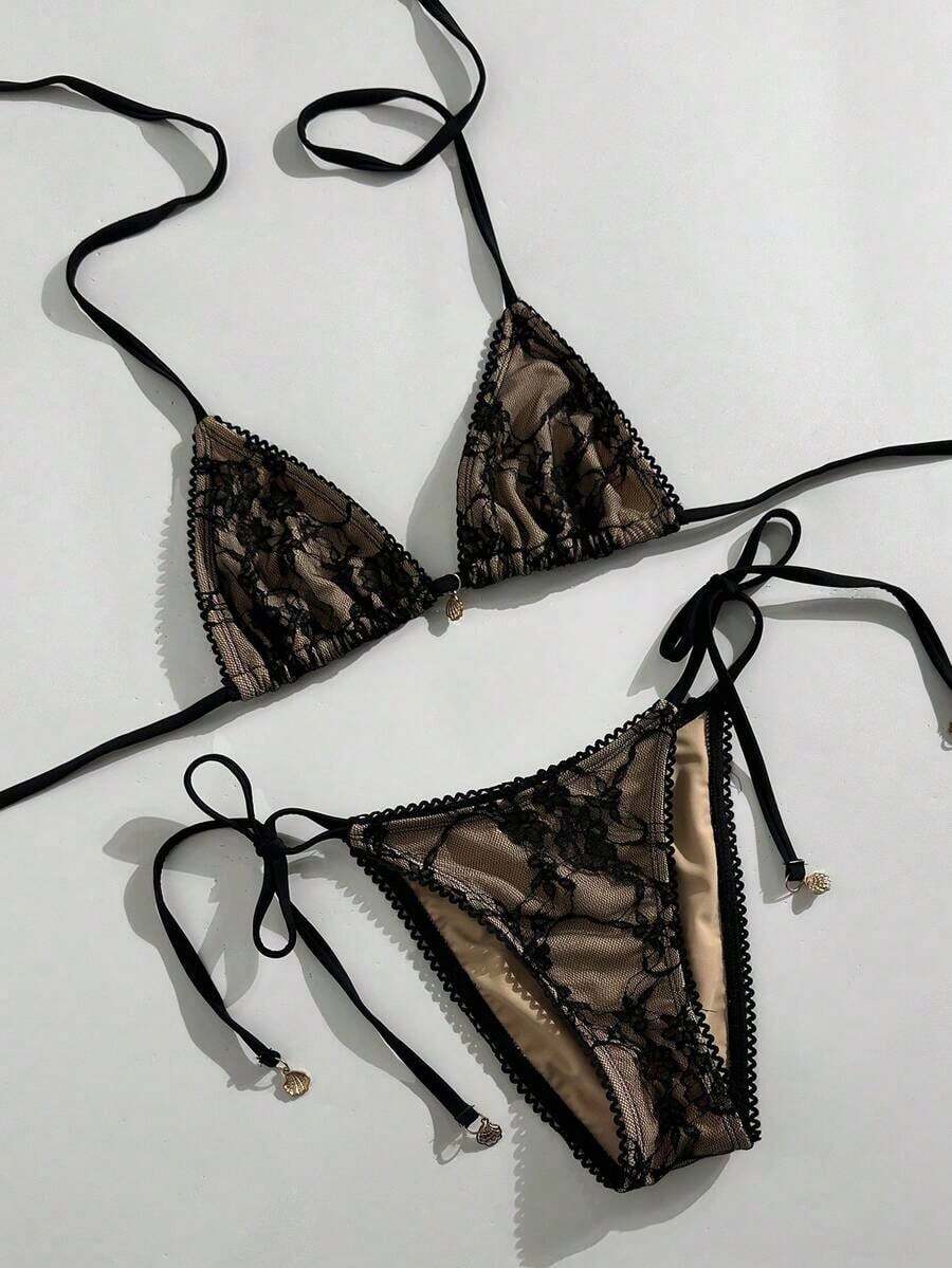 Swim Vcay - Conjunto de Bikini Triangular Sexy con Ribete de Encaje para Mujer, 2 Piezas, Conjunto de Bikini Halter con Tiras Simples para Vacaciones de Verano en la Playa - Negro - Ver 1