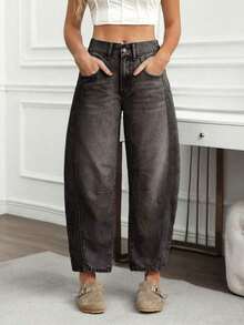Jeans informales desgastados y desgastados, con ajuste de novio para mujer - Negro - Ver 1