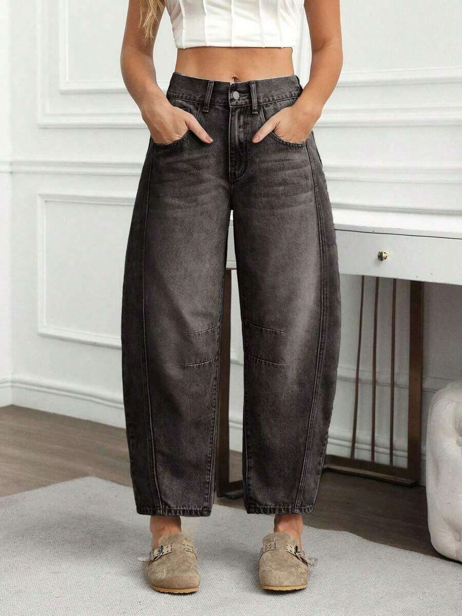 Jeans informales desgastados y desgastados, con ajuste de novio para mujer - Negro - Ver 1
