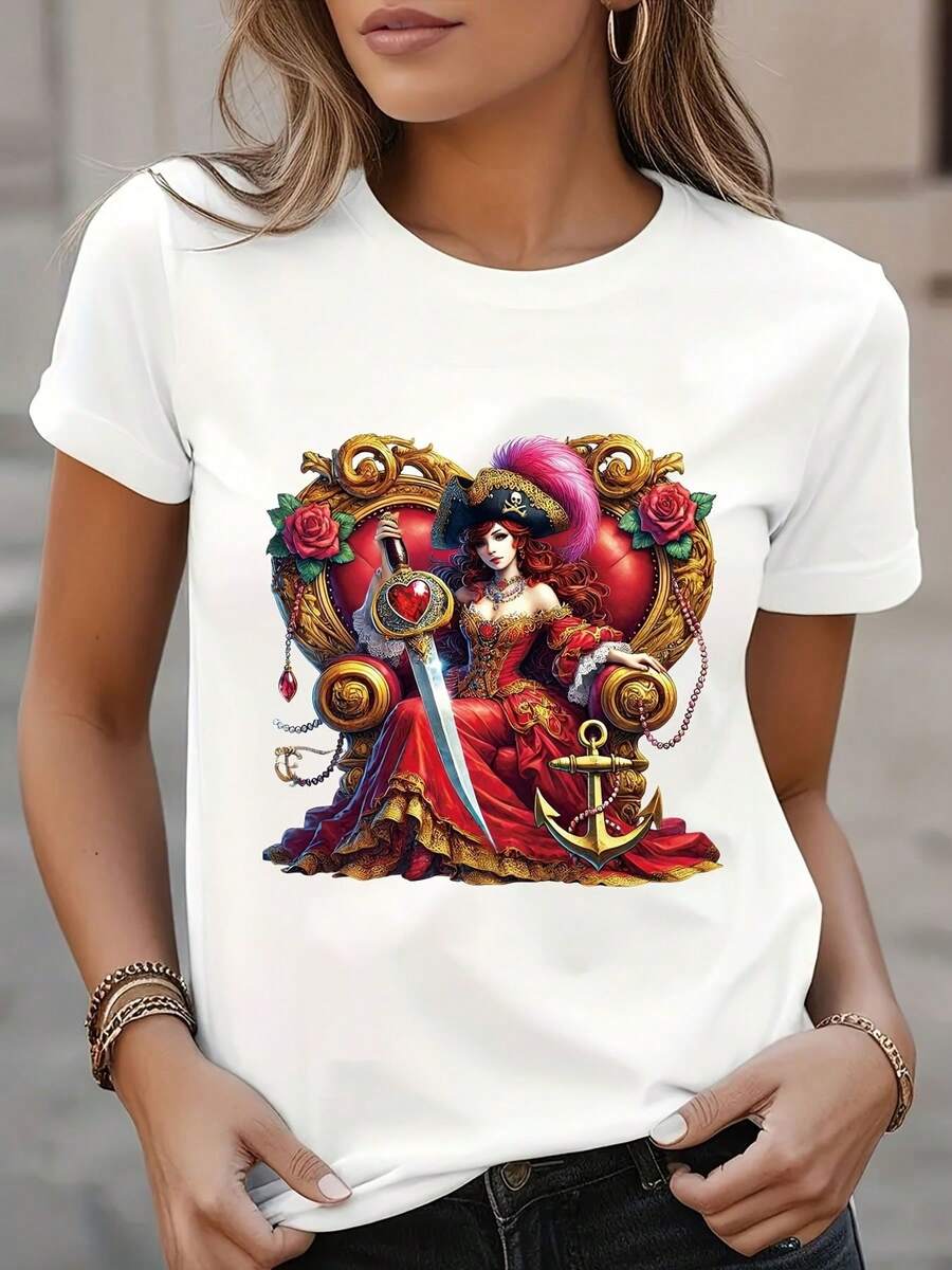 Plus Size - Women's Plus Size T-Shirt With Stunning Pirate Graphic Design, Short Sleeve And Stylish, Adorned With An Ornate Baroque Frame Showcasing A Pirate In A Luxurious Red Dress, Perfect For Casual Summer Outings. - 白色 - 查看 1