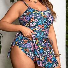 Swim Lushore Plus Size Women Summer Floral Print Bow Decor U-Neck Tankini Swimwear With Beach Dress - Verde militar - Ver 5