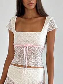 2026 New Women Lace Crop Top Square Neck Short Sleeve Sheer Blouse With Ribbon Bow Suitable For Going Out In Summer - White - View 4