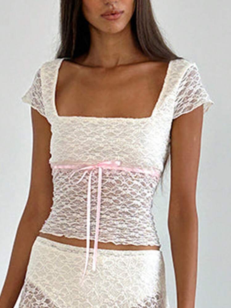 2026 New Women Lace Crop Top Square Neck Short Sleeve Sheer Blouse With Ribbon Bow Suitable For Going Out In Summer - White - View 4
